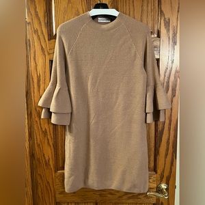 Anthropologie Shimmery Camel Claudette Ruffle Sleeve Mini Sweater Dress